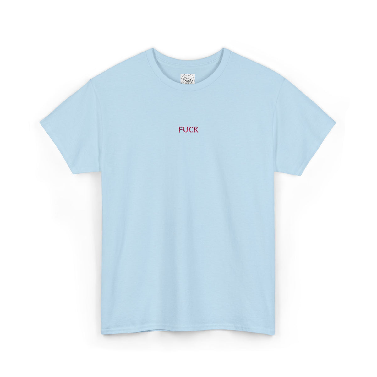 White heavy-cotton T-shirt with tiny pink FUCK embroidery at the chest