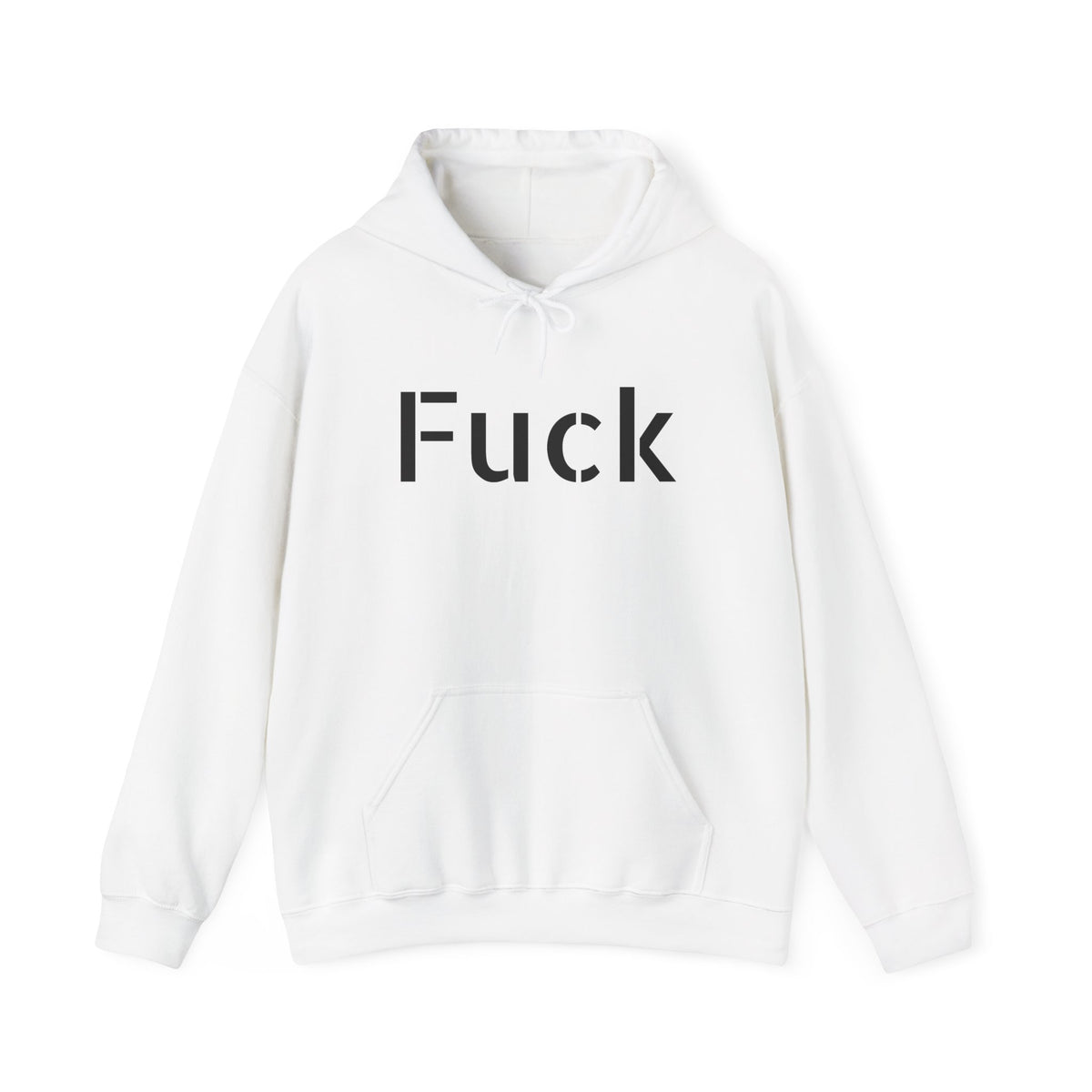 Light blue pullover hoodie printed with large motel-pink FUCK lettering