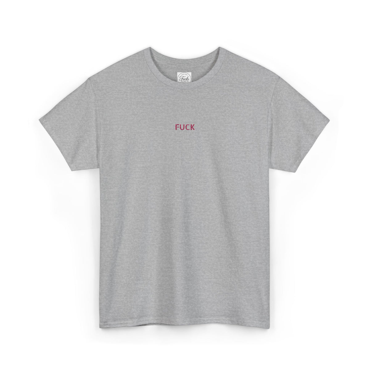 White heavy-cotton T-shirt with tiny pink FUCK embroidery at the chest