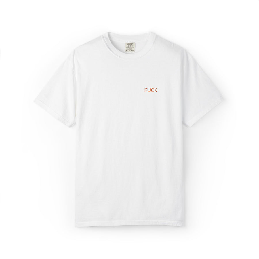 White T-shirt with tiny understated FUCK embroidery at the left chest