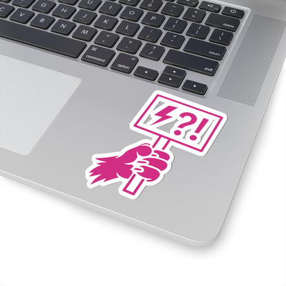 Pink illustrated animal hand holding a protest sign filled with lightning and punctuation