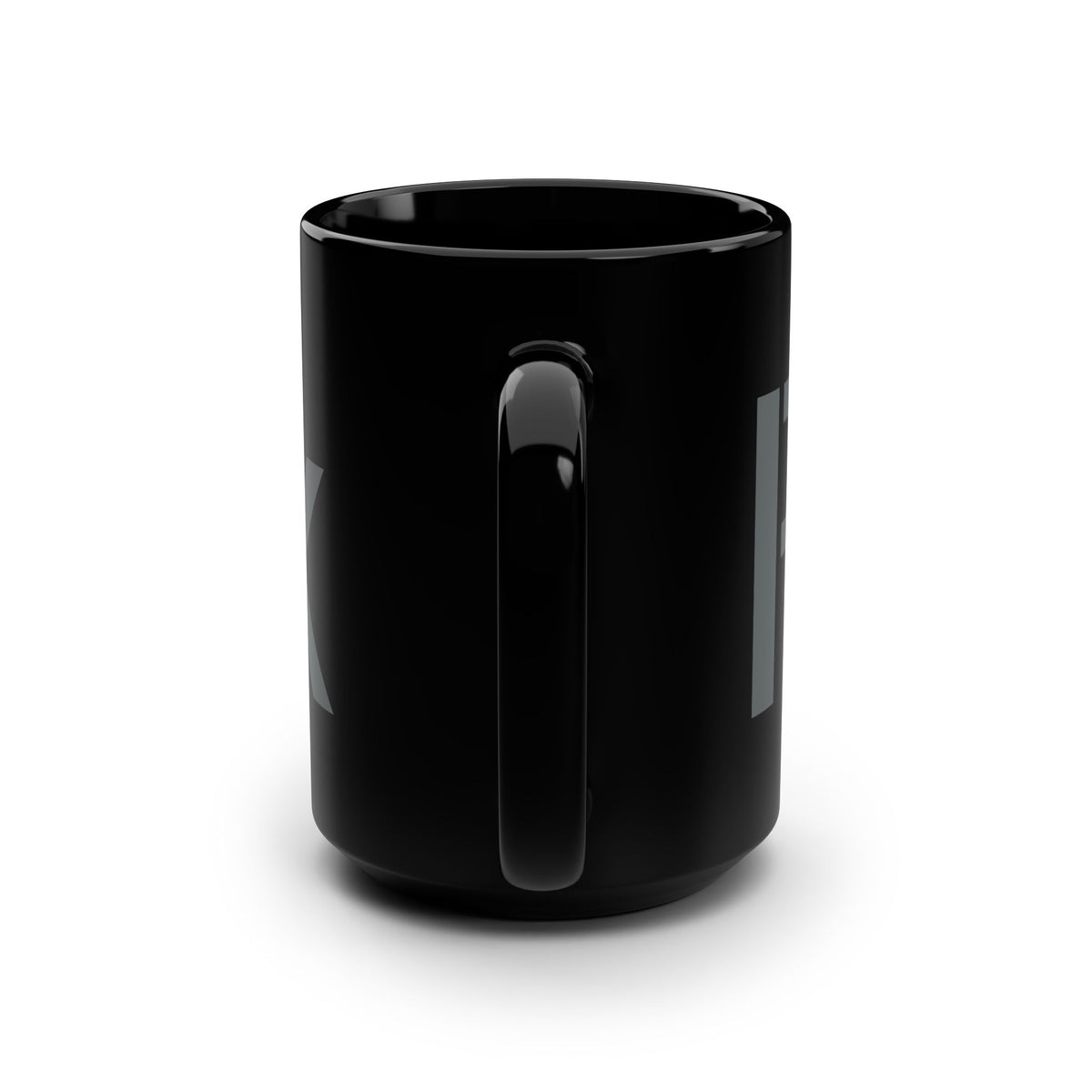 Glossy black 15-ounce mug with subtle dark wraparound FUCK lettering