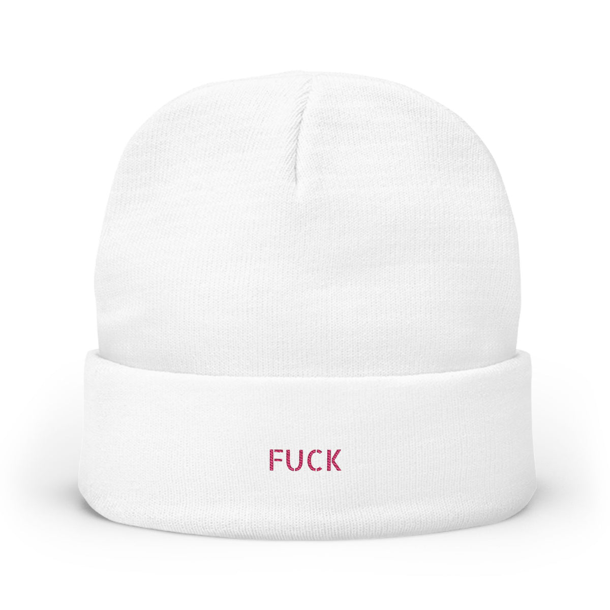 Black cuffed knit beanie embroidered with tiny pink FUCK lettering