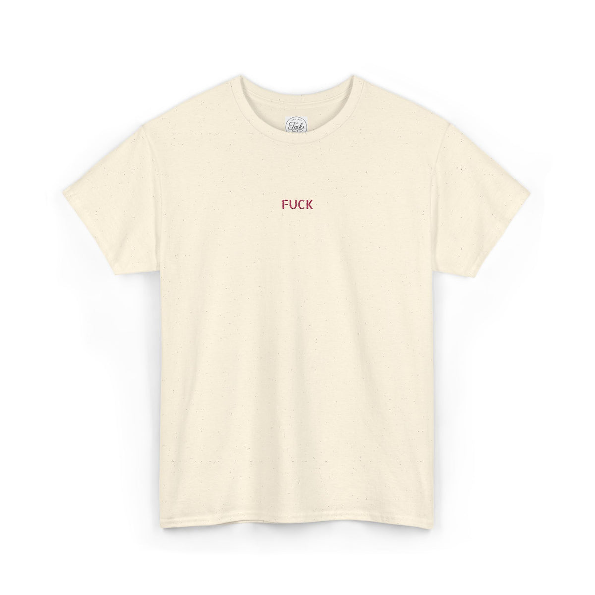 White heavy-cotton T-shirt with tiny pink FUCK embroidery at the chest