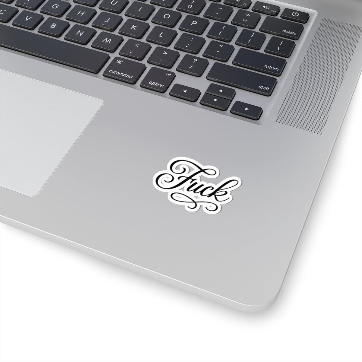 White kiss-cut sticker with decorative black script FUCK lettering