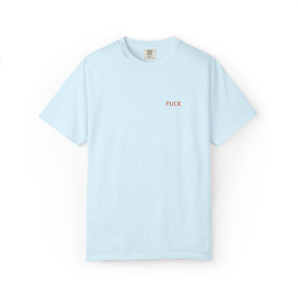 White T-shirt with tiny understated FUCK embroidery at the left chest