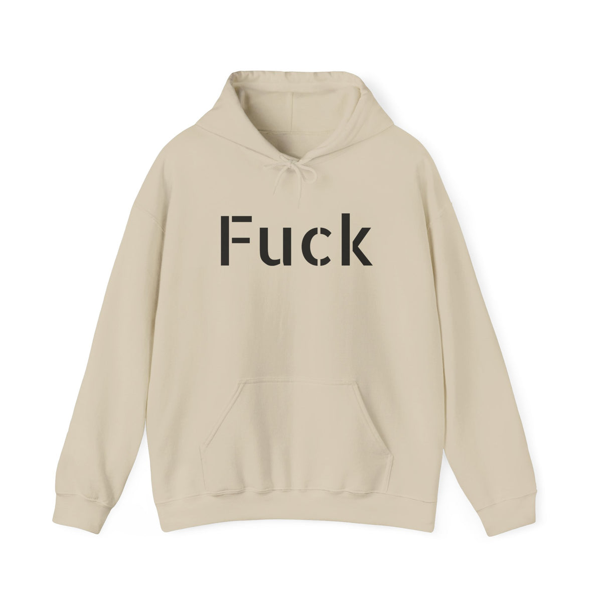 Light blue pullover hoodie printed with large motel-pink FUCK lettering