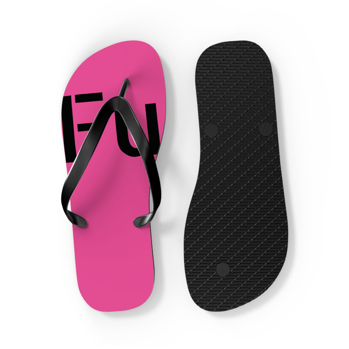Bright pink flip-flops with black straps and large black FUCK lettering across both feet