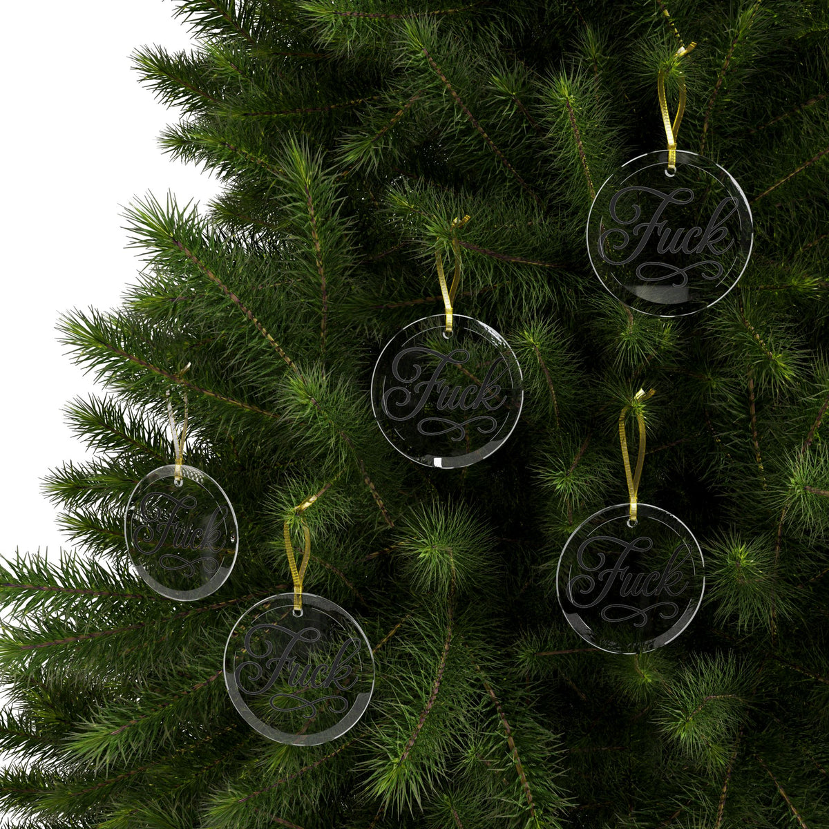 Clear round glass ornament with black script FUCK lettering and gold ribbon