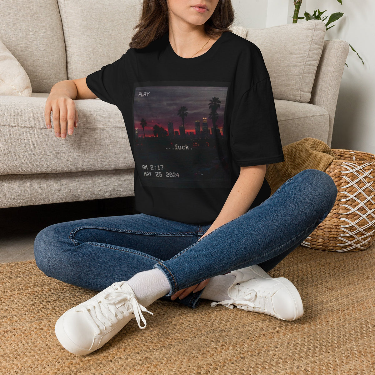 Black T-shirt with VHS-style Los Angeles skyline, palm trees, 2:17 AM timestamp, and fuck text