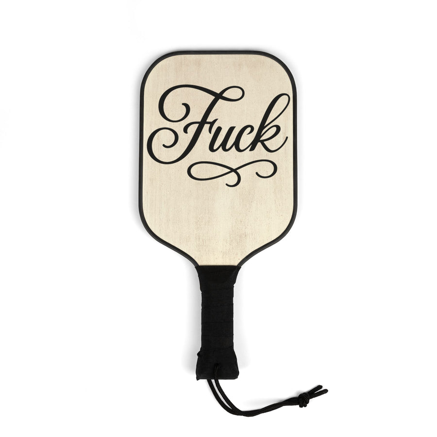 Cream pickleball paddle with black script FUCK lettering and black edge