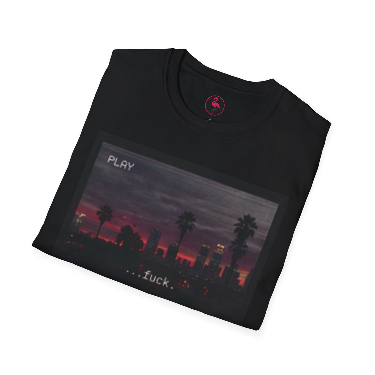Black T-shirt with VHS-style Los Angeles skyline, palm trees, 2:17 AM timestamp, and fuck text