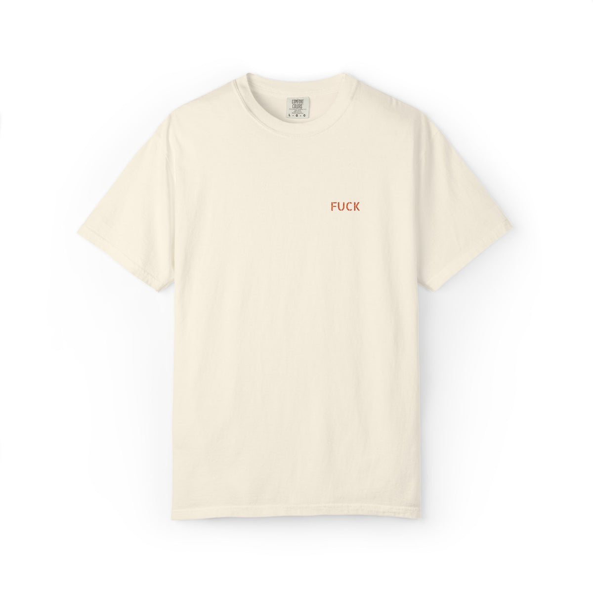 White T-shirt with tiny understated FUCK embroidery at the left chest