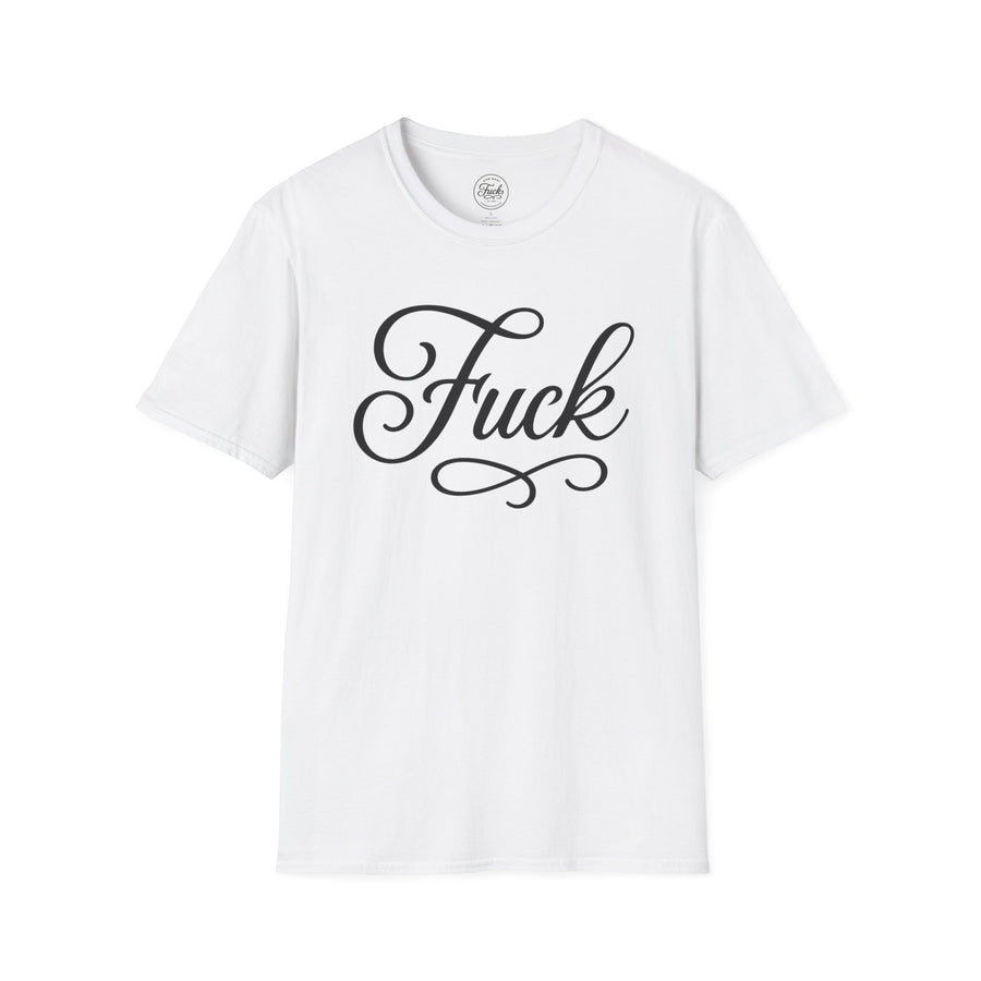 White unisex T-shirt printed with large black script FUCK lettering