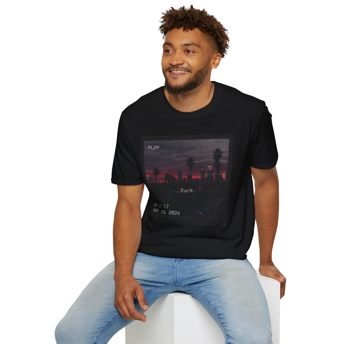 Black T-shirt with VHS-style Los Angeles skyline, palm trees, 2:17 AM timestamp, and fuck text