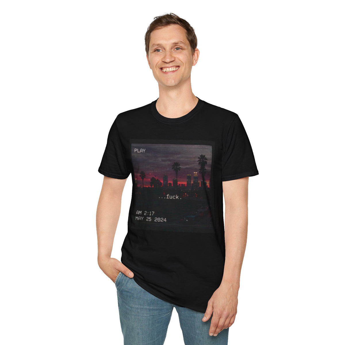 Black T-shirt with VHS-style Los Angeles skyline, palm trees, 2:17 AM timestamp, and fuck text