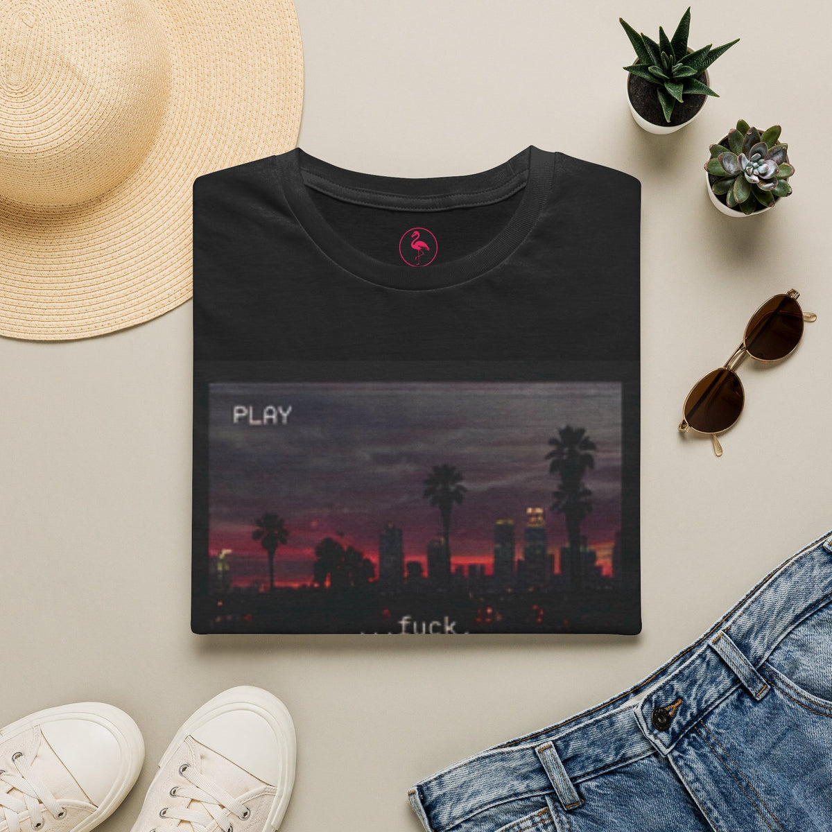 Black T-shirt with VHS-style Los Angeles skyline, palm trees, 2:17 AM timestamp, and fuck text
