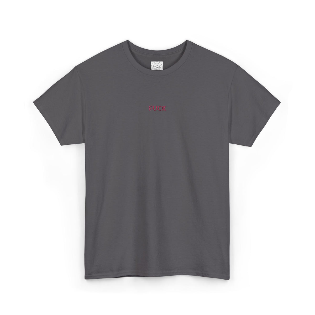 White heavy-cotton T-shirt with tiny pink FUCK embroidery at the chest