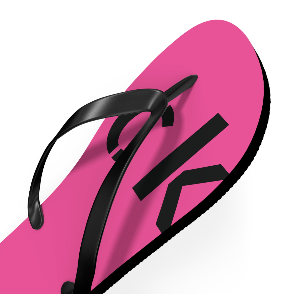 Bright pink flip-flops with black straps and large black FUCK lettering across both feet