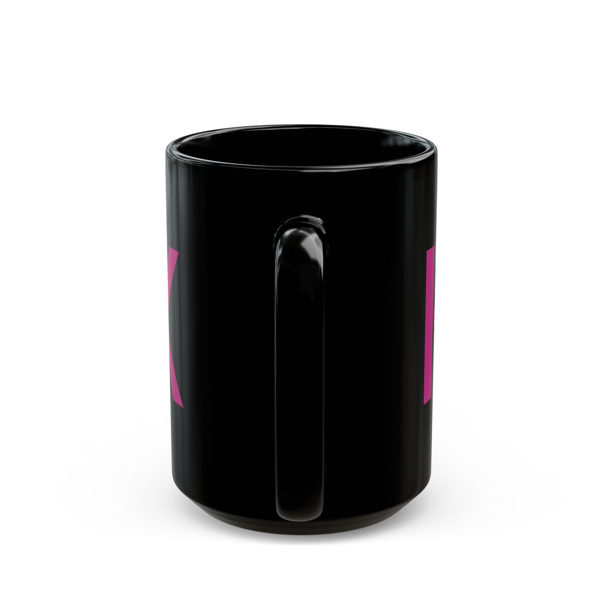Glossy black 15-ounce mug with oversized motel-pink FUCK typography wrapping around it