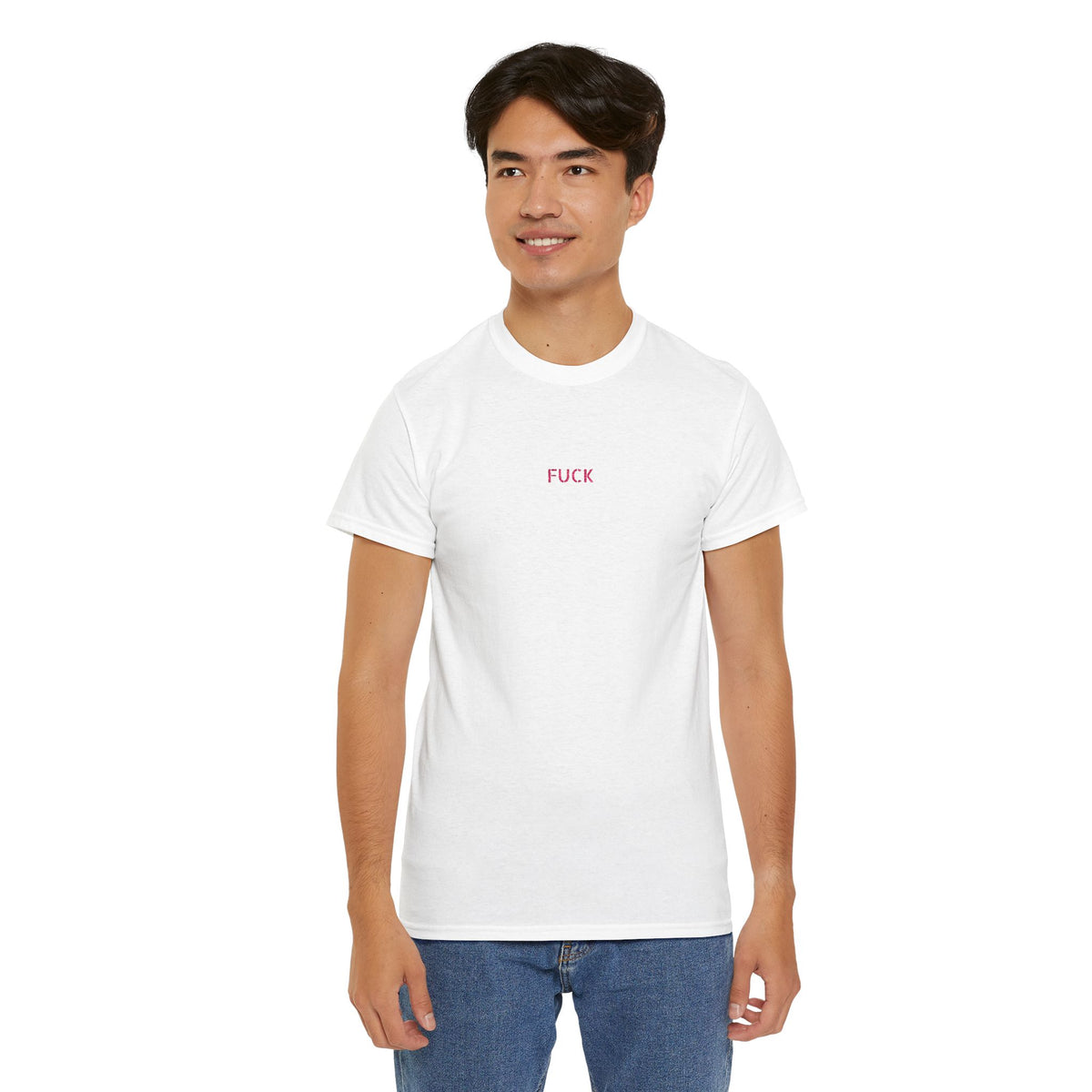 White heavy-cotton T-shirt with tiny pink FUCK embroidery at the chest