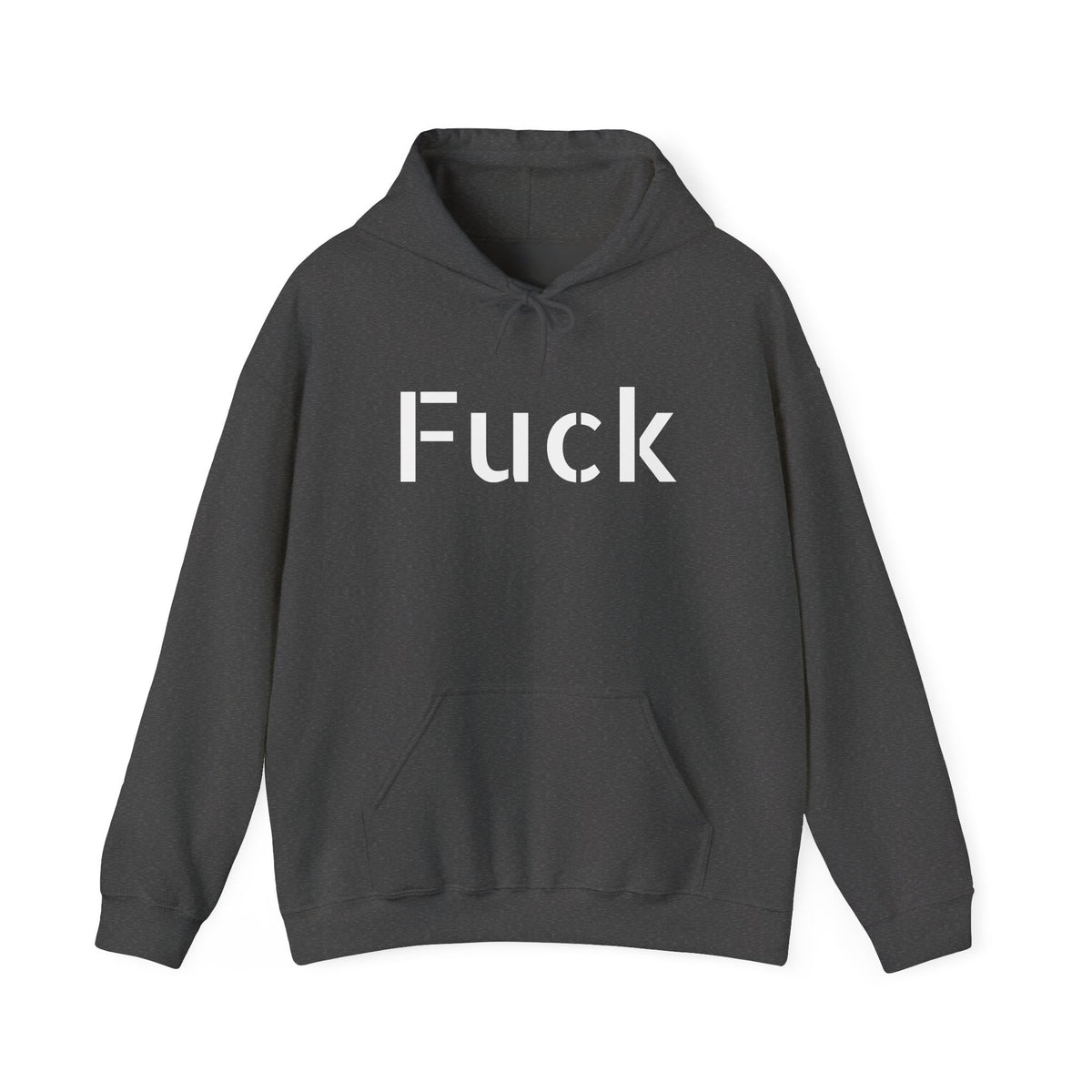 Light blue pullover hoodie printed with large motel-pink FUCK lettering