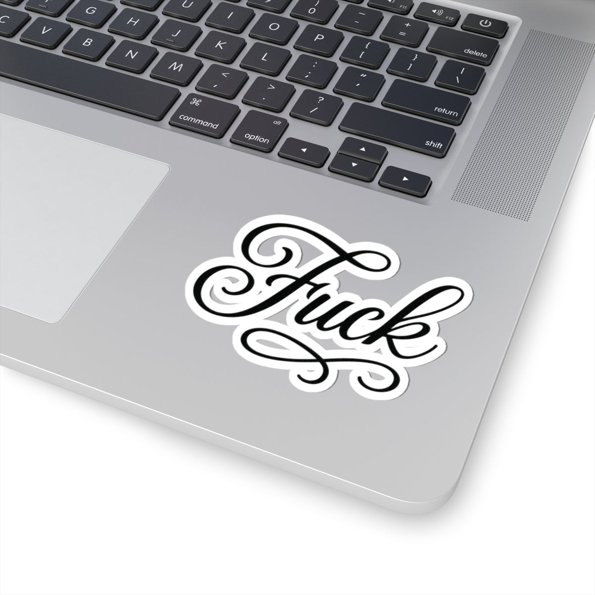 White kiss-cut sticker with decorative black script FUCK lettering