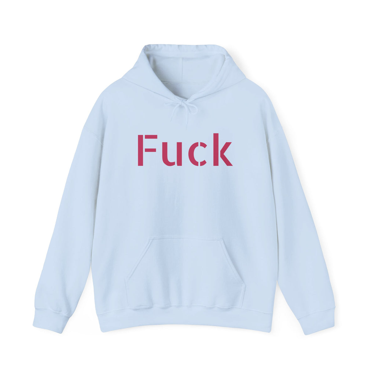 Light blue pullover hoodie printed with large motel-pink FUCK lettering