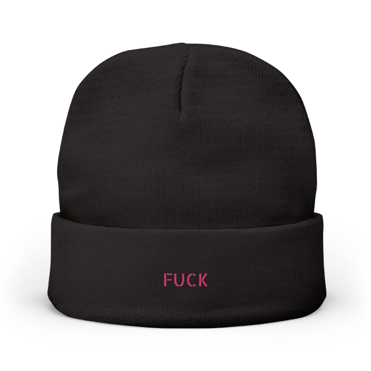 Black cuffed knit beanie embroidered with tiny pink FUCK lettering