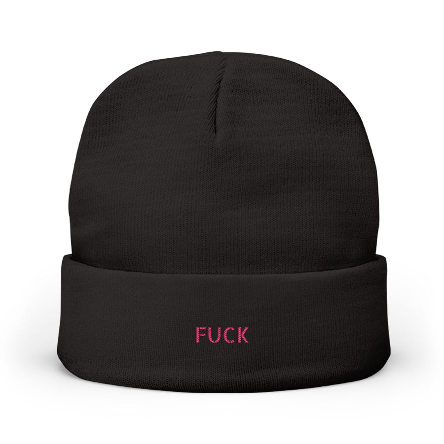 Black cuffed knit beanie embroidered with tiny pink FUCK lettering