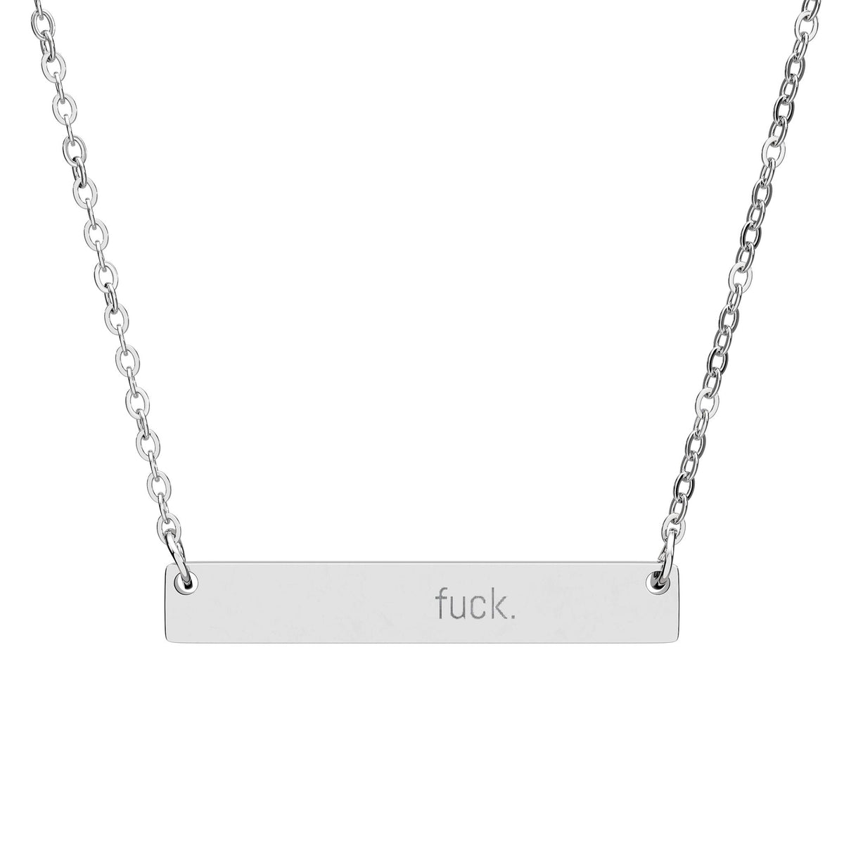 Minimal horizontal stainless-steel bar necklace engraved with the word fuck