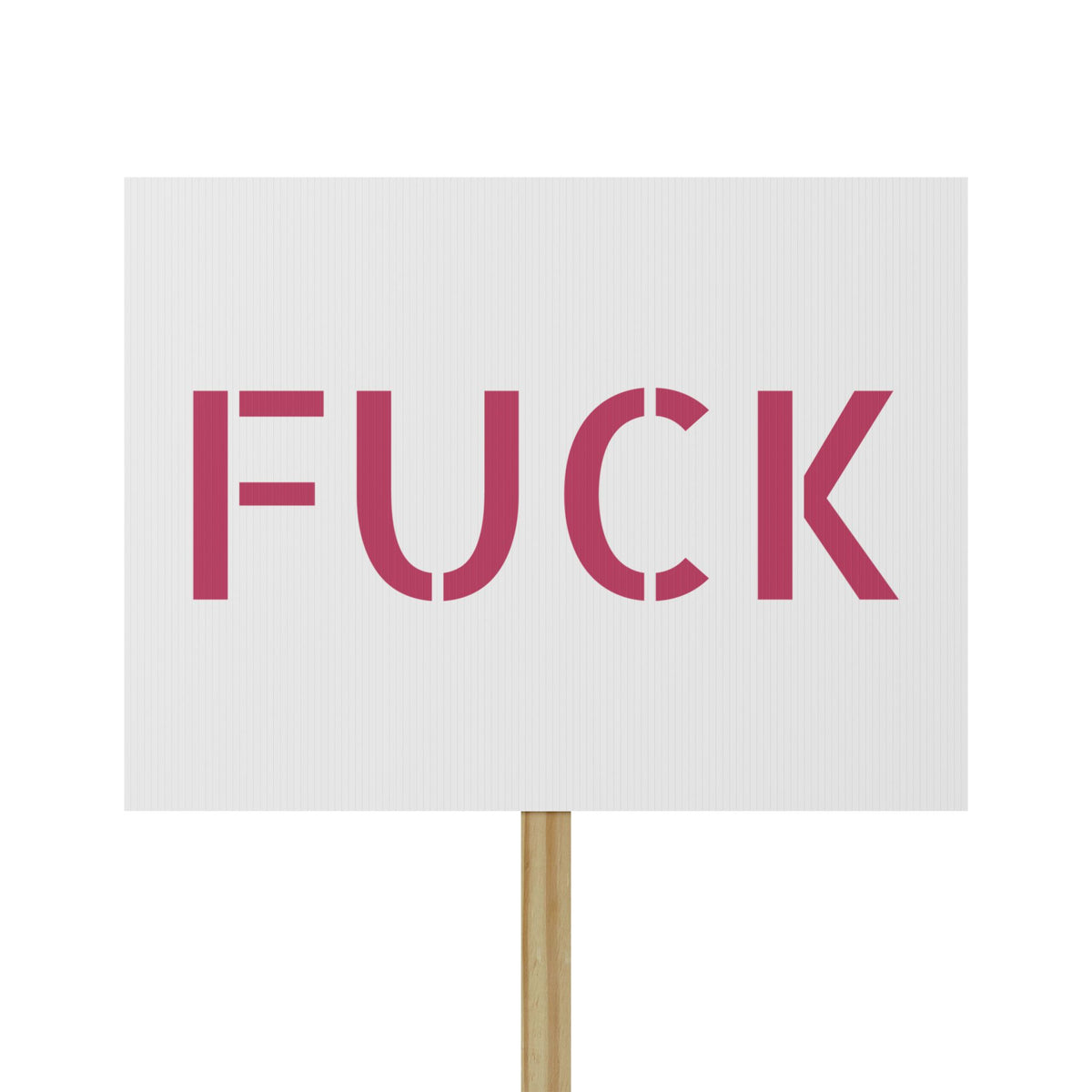 White protest sign with oversized motel-pink FUCK typography mounted on a pine handle