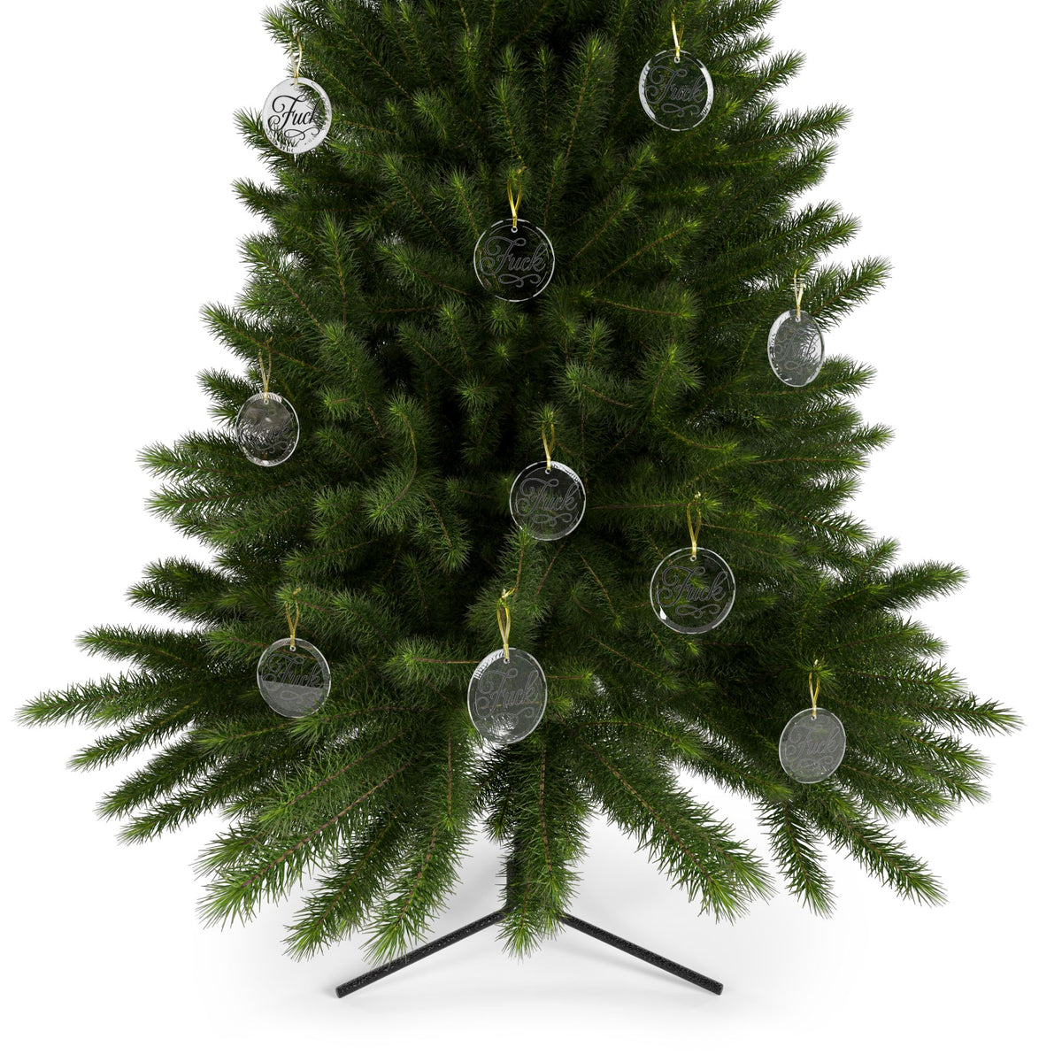 Clear round glass ornament with black script FUCK lettering and gold ribbon