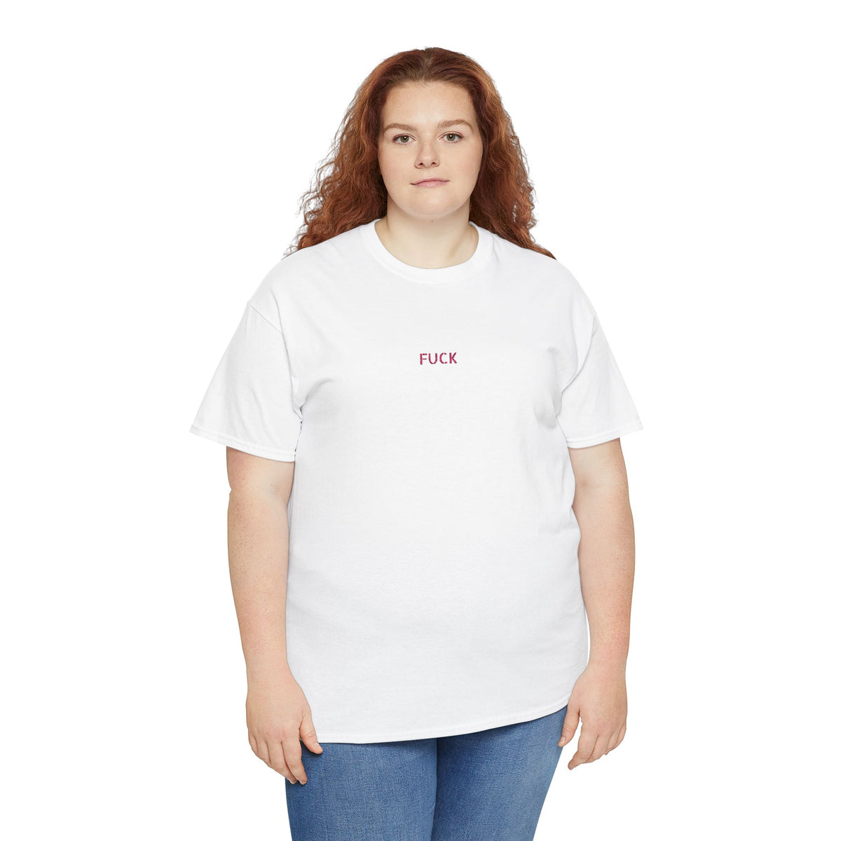 White heavy-cotton T-shirt with tiny pink FUCK embroidery at the chest