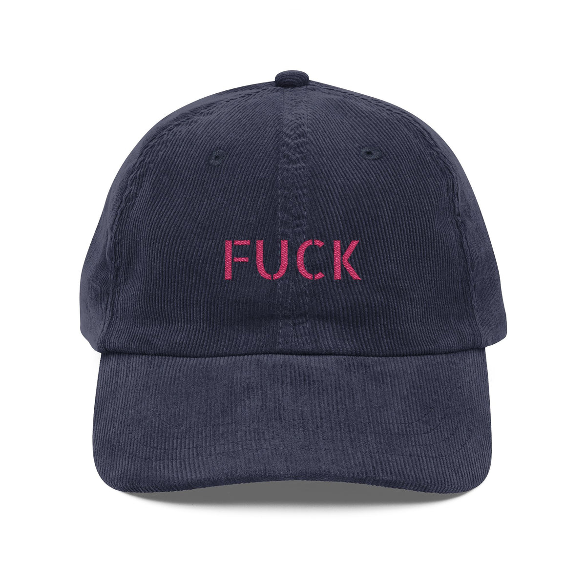 Brown corduroy cap embroidered with small motel-pink FUCK lettering