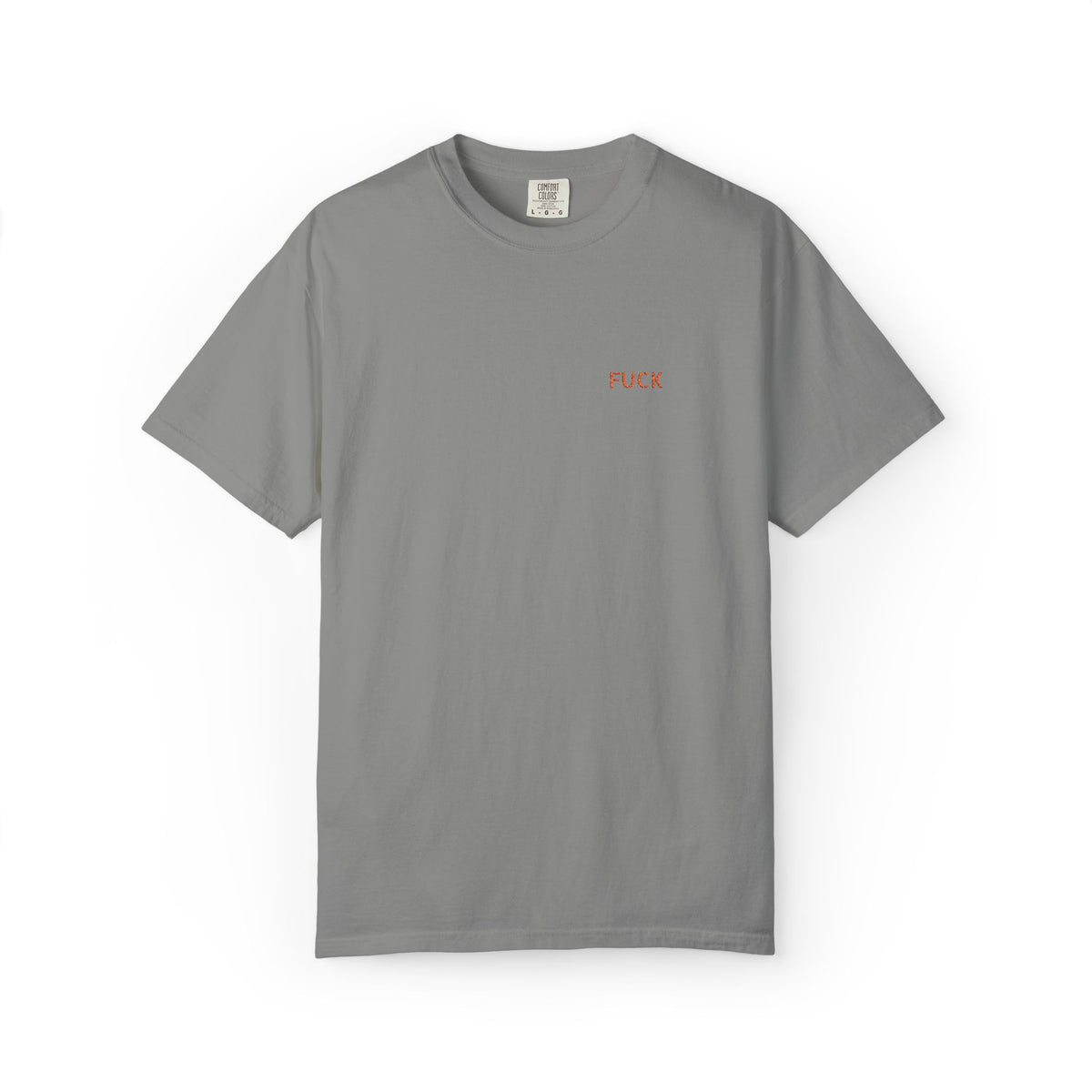 White T-shirt with tiny understated FUCK embroidery at the left chest