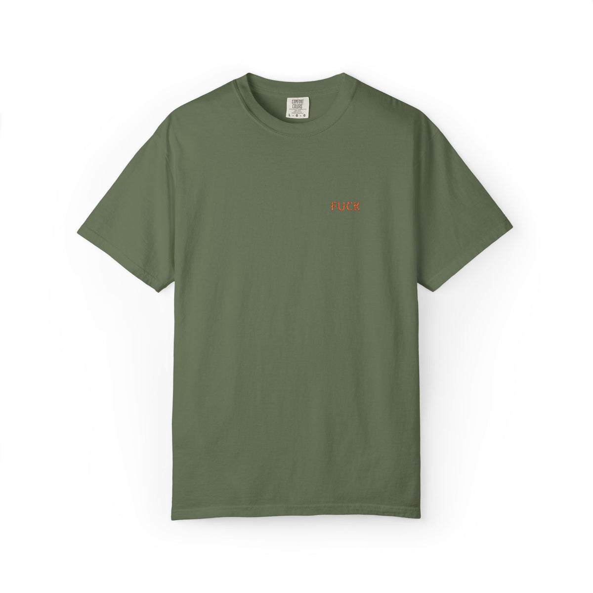White T-shirt with tiny understated FUCK embroidery at the left chest