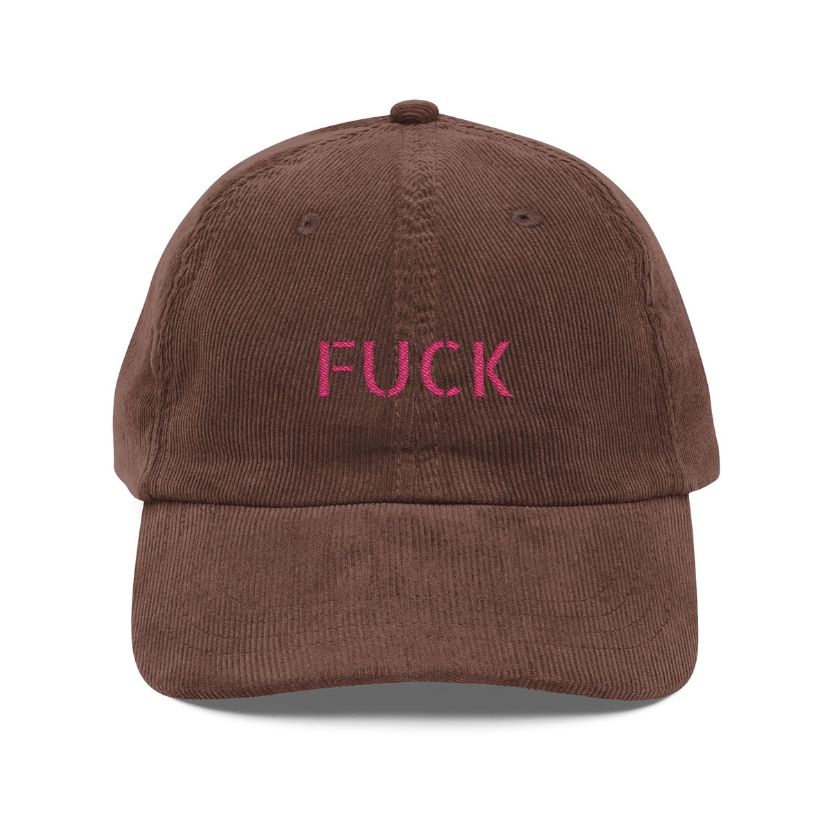 Brown corduroy cap embroidered with small motel-pink FUCK lettering