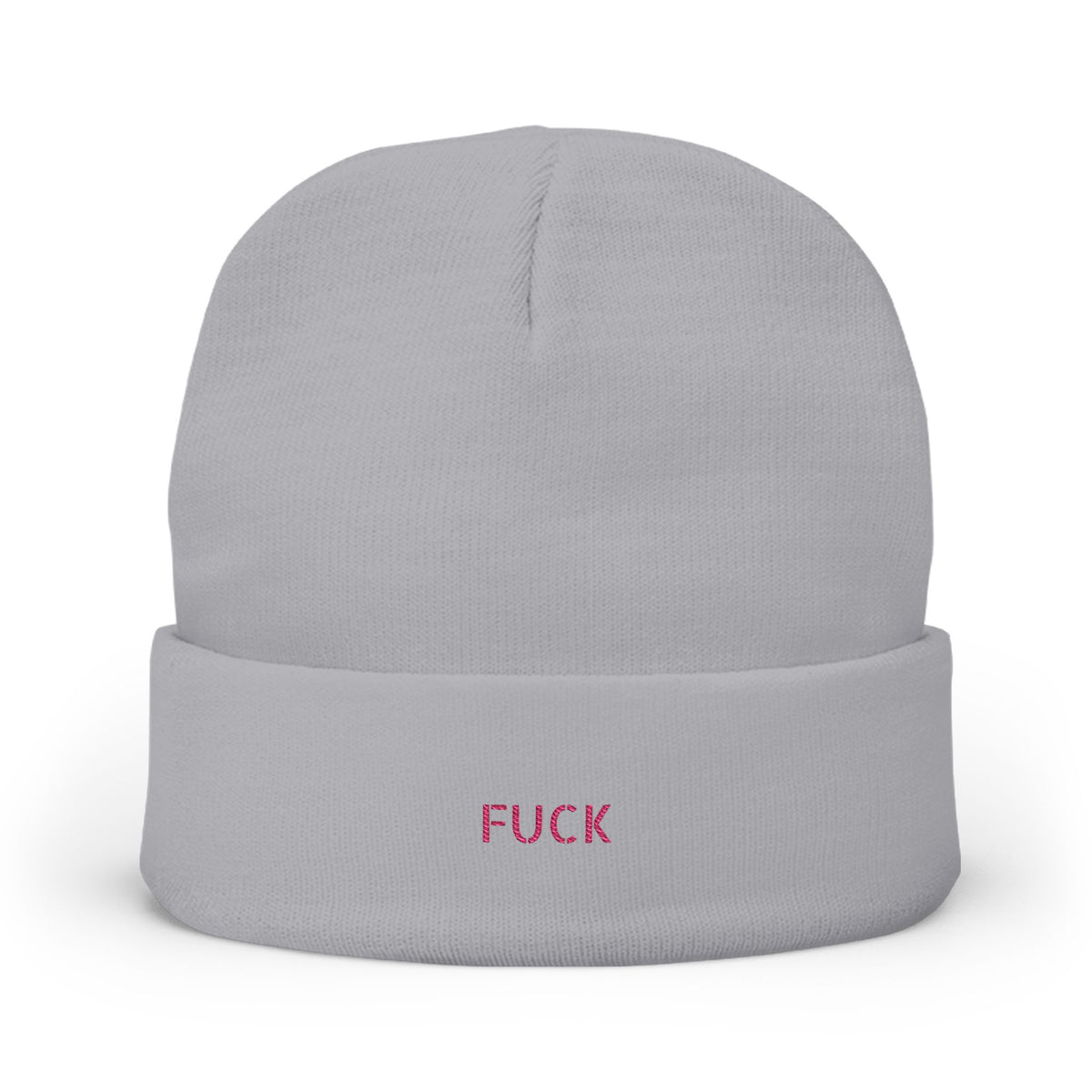 Black cuffed knit beanie embroidered with tiny pink FUCK lettering