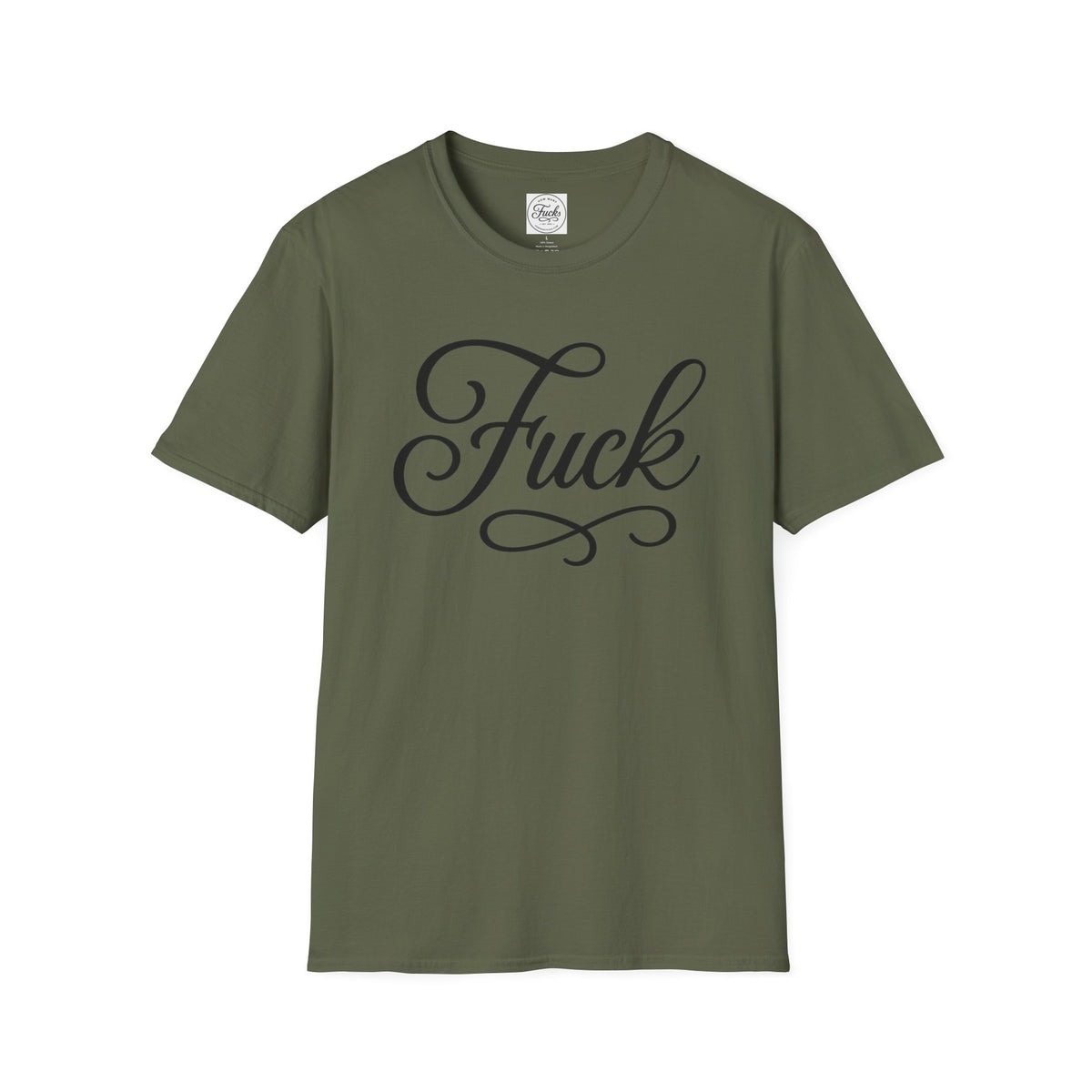 White unisex T-shirt printed with large black script FUCK lettering
