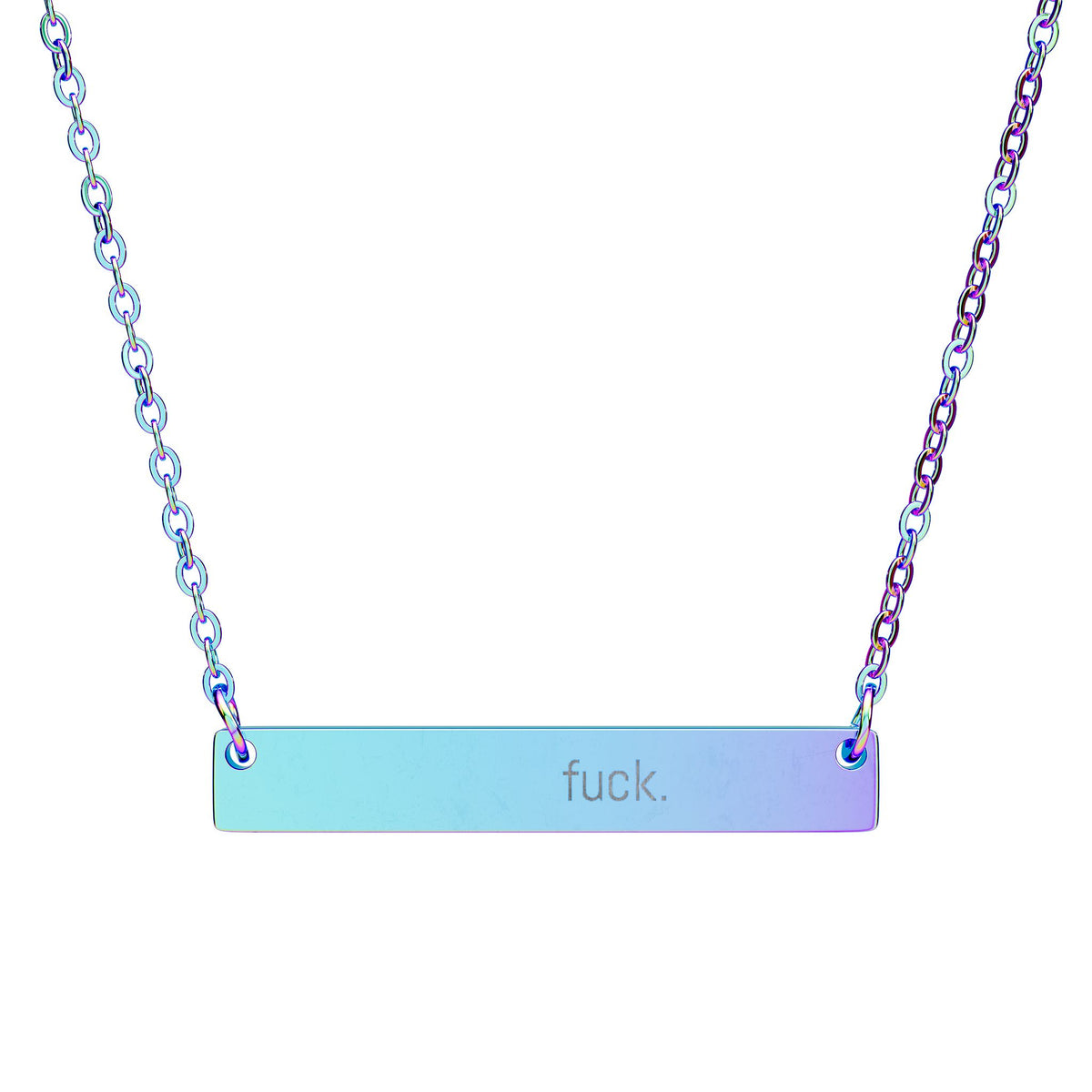 Minimal horizontal stainless-steel bar necklace engraved with the word fuck