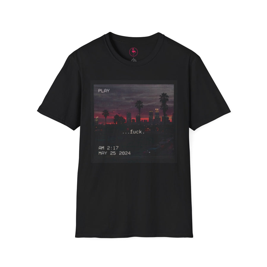 Black T-shirt with VHS-style Los Angeles skyline, palm trees, 2:17 AM timestamp, and fuck text