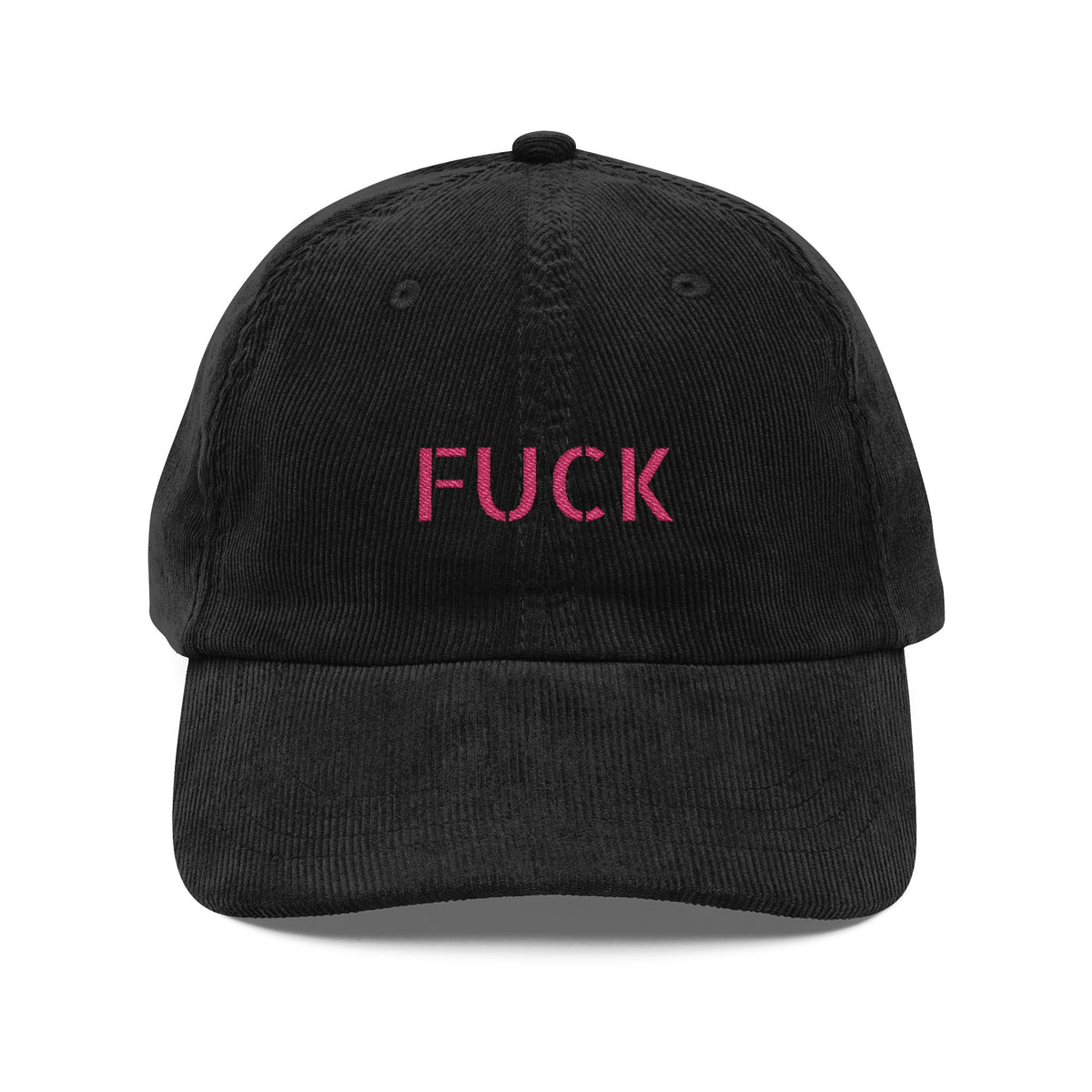 Brown corduroy cap embroidered with small motel-pink FUCK lettering