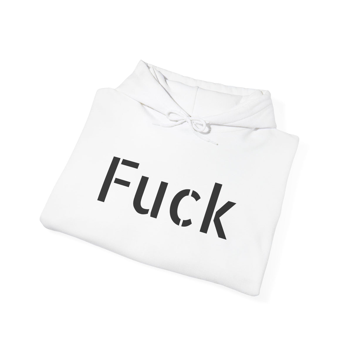 Light blue pullover hoodie printed with large motel-pink FUCK lettering
