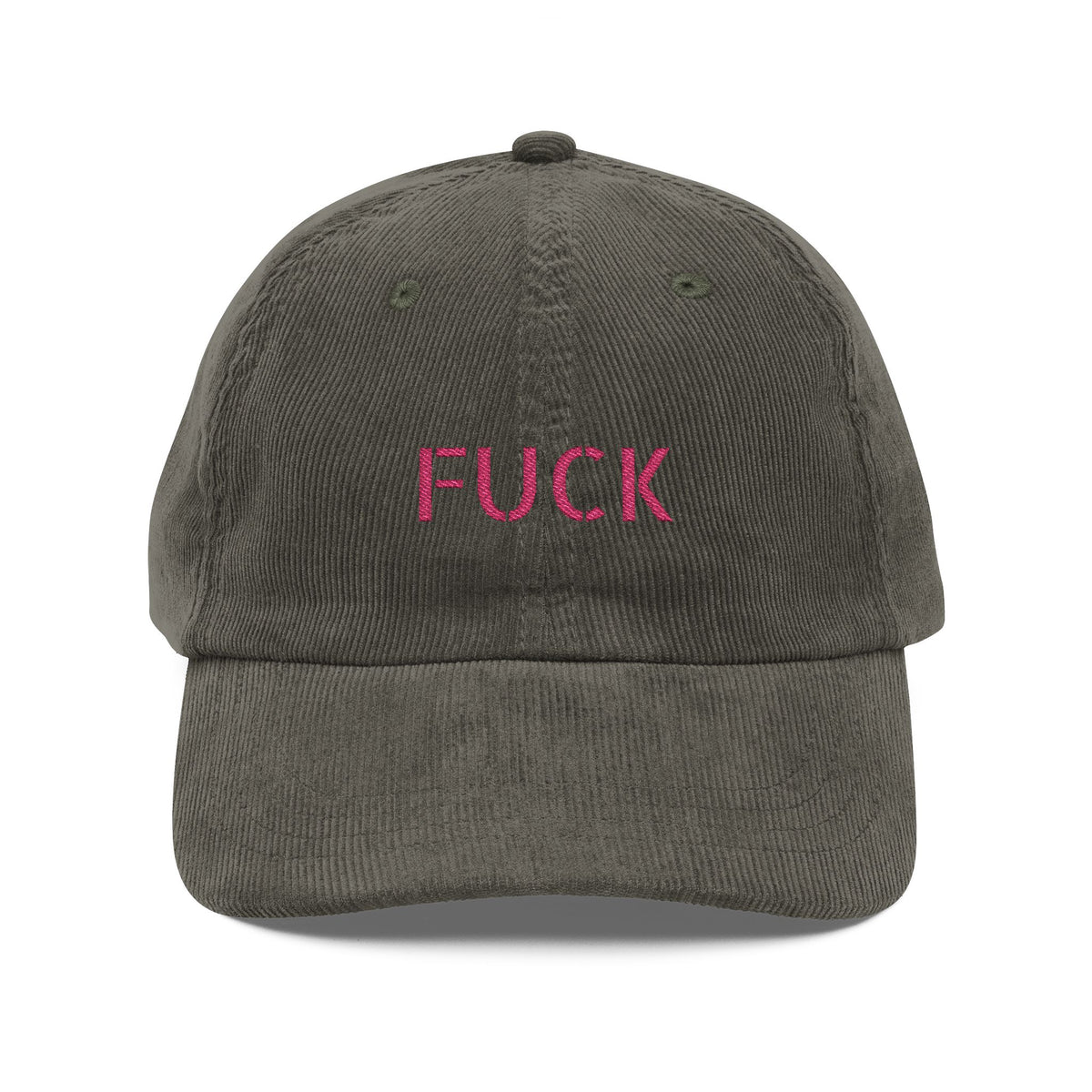 Brown corduroy cap embroidered with small motel-pink FUCK lettering