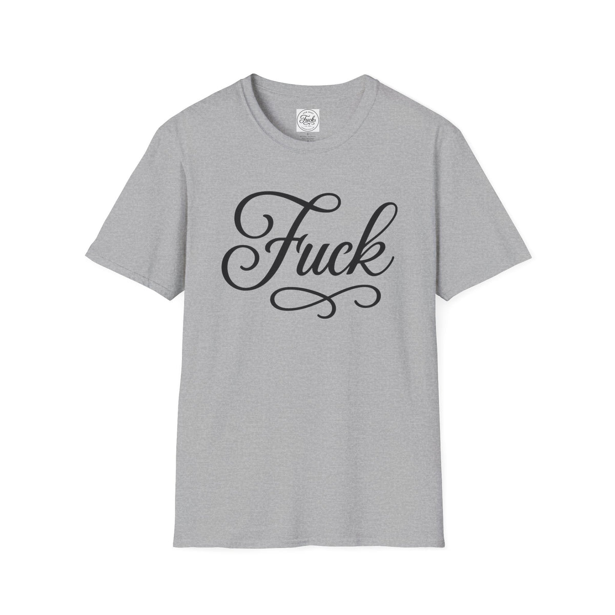 White unisex T-shirt printed with large black script FUCK lettering