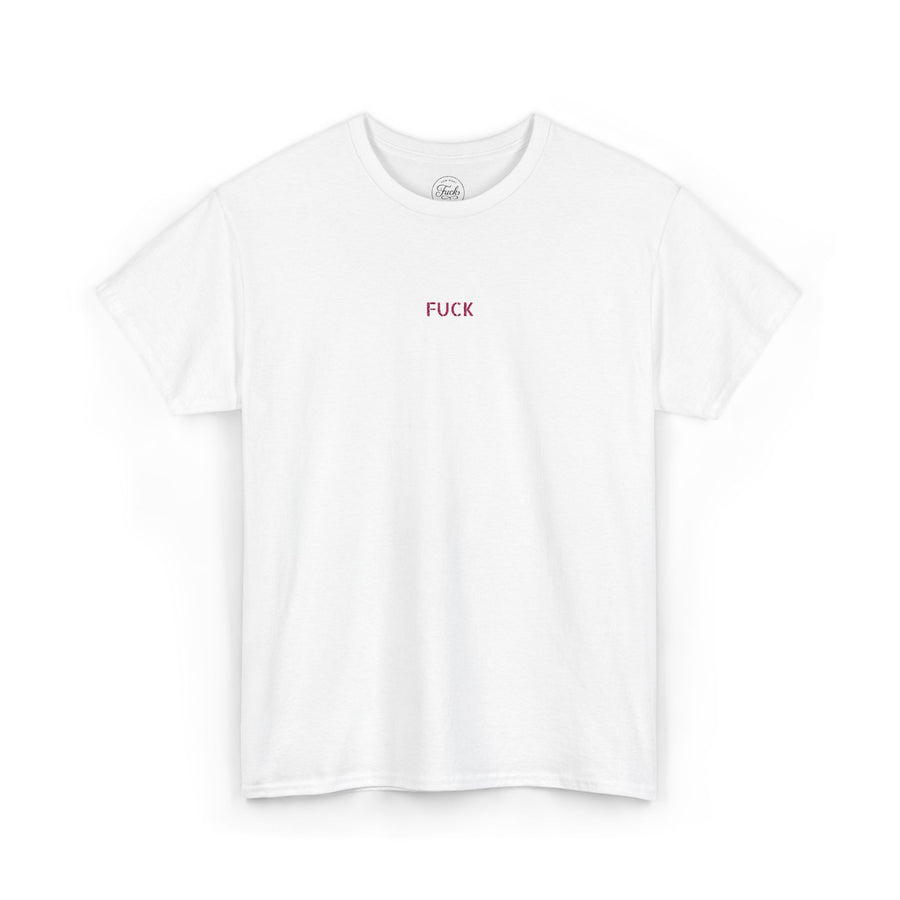 White heavy-cotton T-shirt with tiny pink FUCK embroidery at the chest