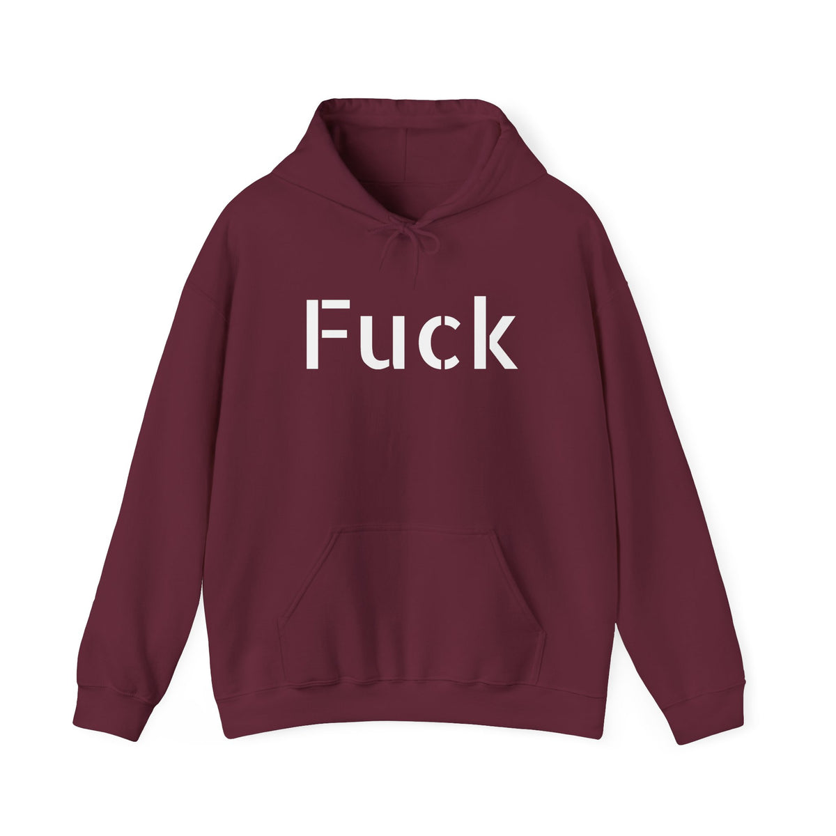 Light blue pullover hoodie printed with large motel-pink FUCK lettering