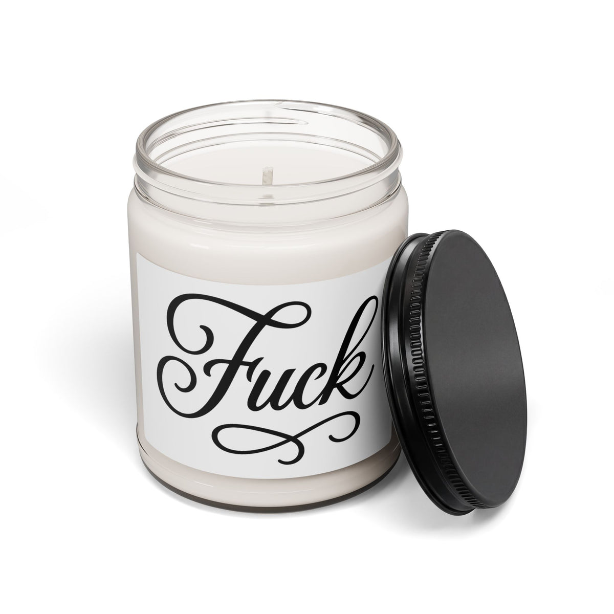 Nine-ounce glass soy candle with black lid and black script FUCK label