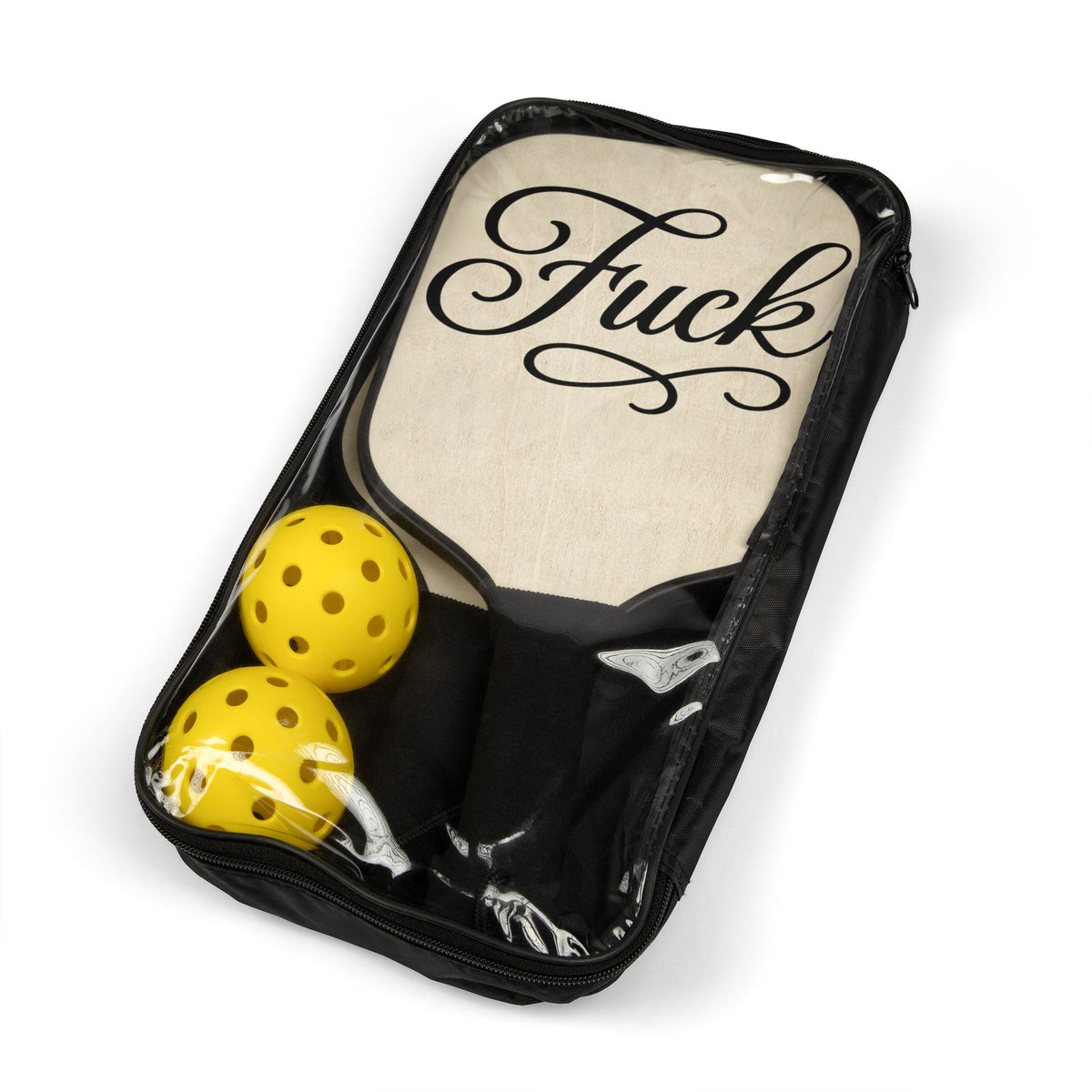 Cream pickleball paddle with black script FUCK lettering and black edge